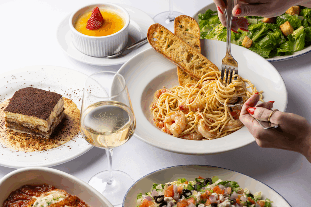 Shrimp-topped pasta with crème brûlée and tiramisu